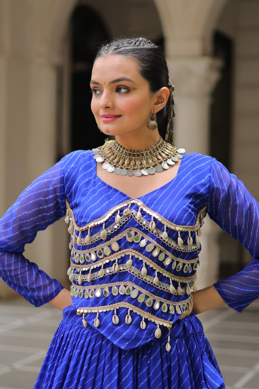 Blue Navratri Special Leheriya Print Lehenga Choli with 12 Mtr Flair & Mirror Lace Work