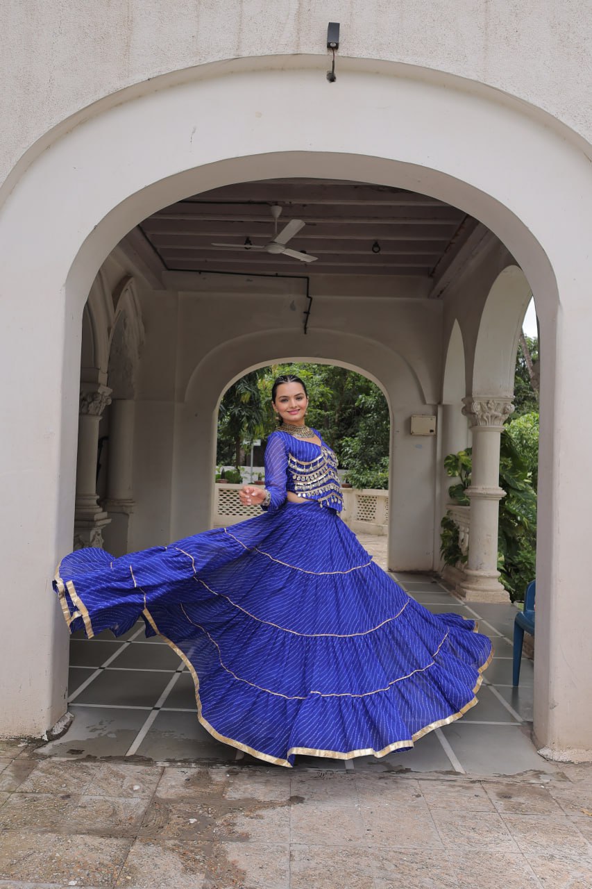 Blue Navratri Special Leheriya Print Lehenga Choli with 12 Mtr Flair & Mirror Lace Work