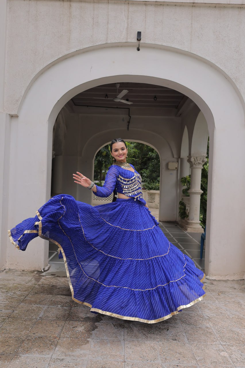 Blue Navratri Special Leheriya Print Lehenga Choli with 12 Mtr Flair & Mirror Lace Work