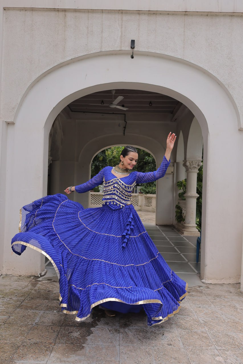 Blue Navratri Special Leheriya Print Lehenga Choli with 12 Mtr Flair & Mirror Lace Work