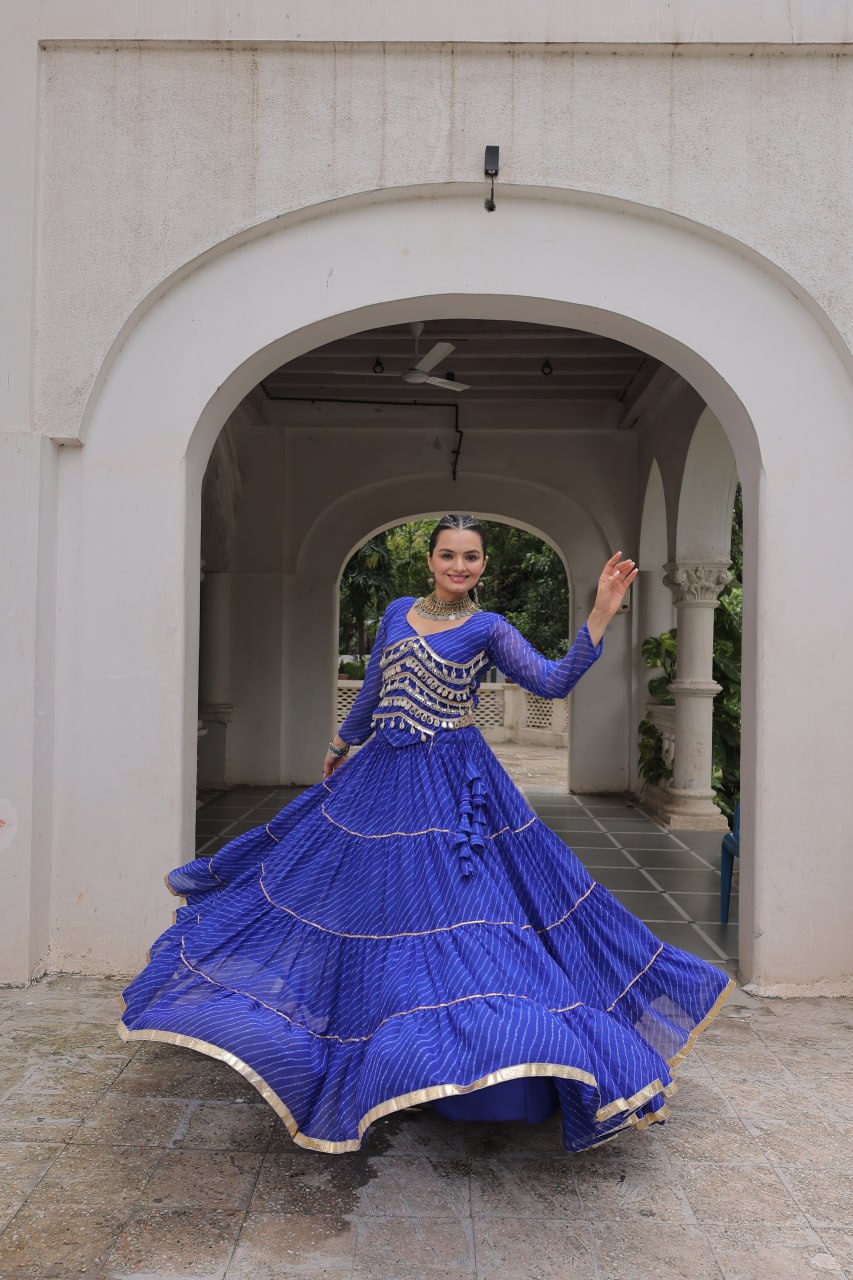 Blue Navratri Special Leheriya Print Lehenga Choli with 12 Mtr Flair & Mirror Lace Work