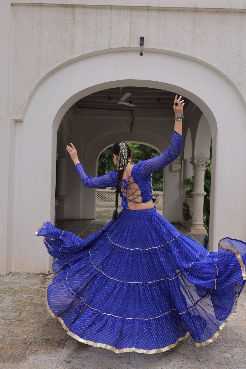 Blue Navratri Special Leheriya Print Lehenga Choli with 12 Mtr Flair & Mirror Lace Work