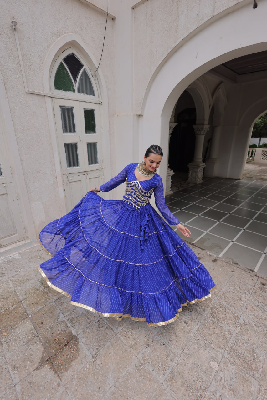 Blue Navratri Special Leheriya Print Lehenga Choli with 12 Mtr Flair & Mirror Lace Work