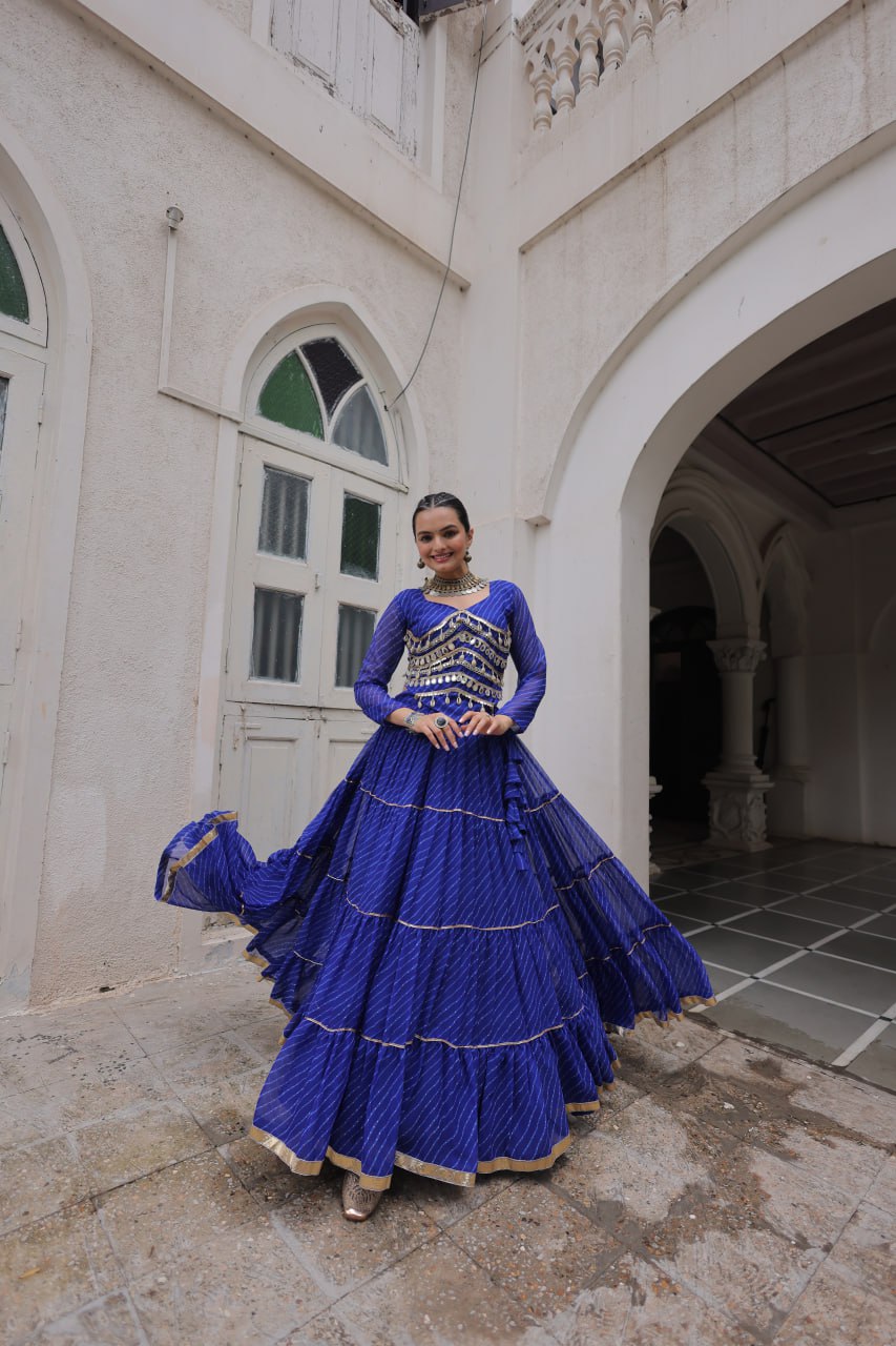 Blue Navratri Special Leheriya Print Lehenga Choli with 12 Mtr Flair & Mirror Lace Work