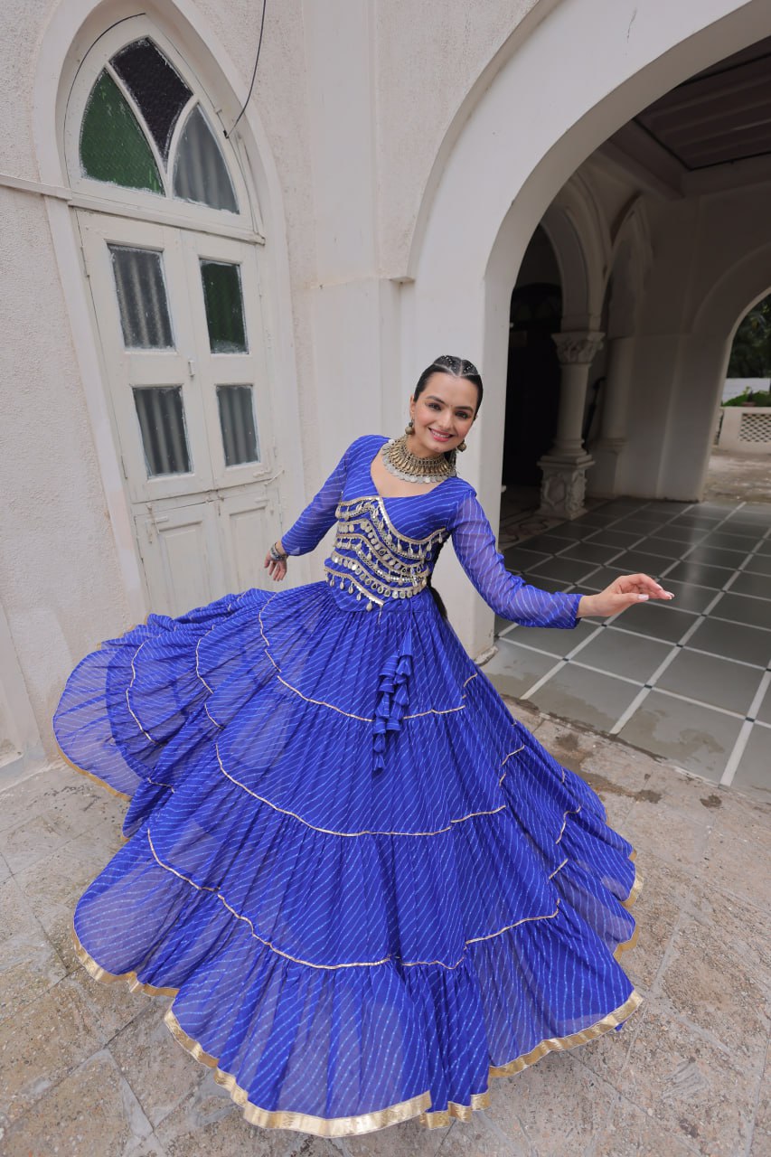 Blue Navratri Special Leheriya Print Lehenga Choli with 12 Mtr Flair & Mirror Lace Work