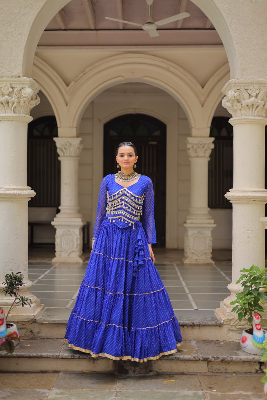 Blue Navratri Special Leheriya Print Lehenga Choli with 12 Mtr Flair & Mirror Lace Work