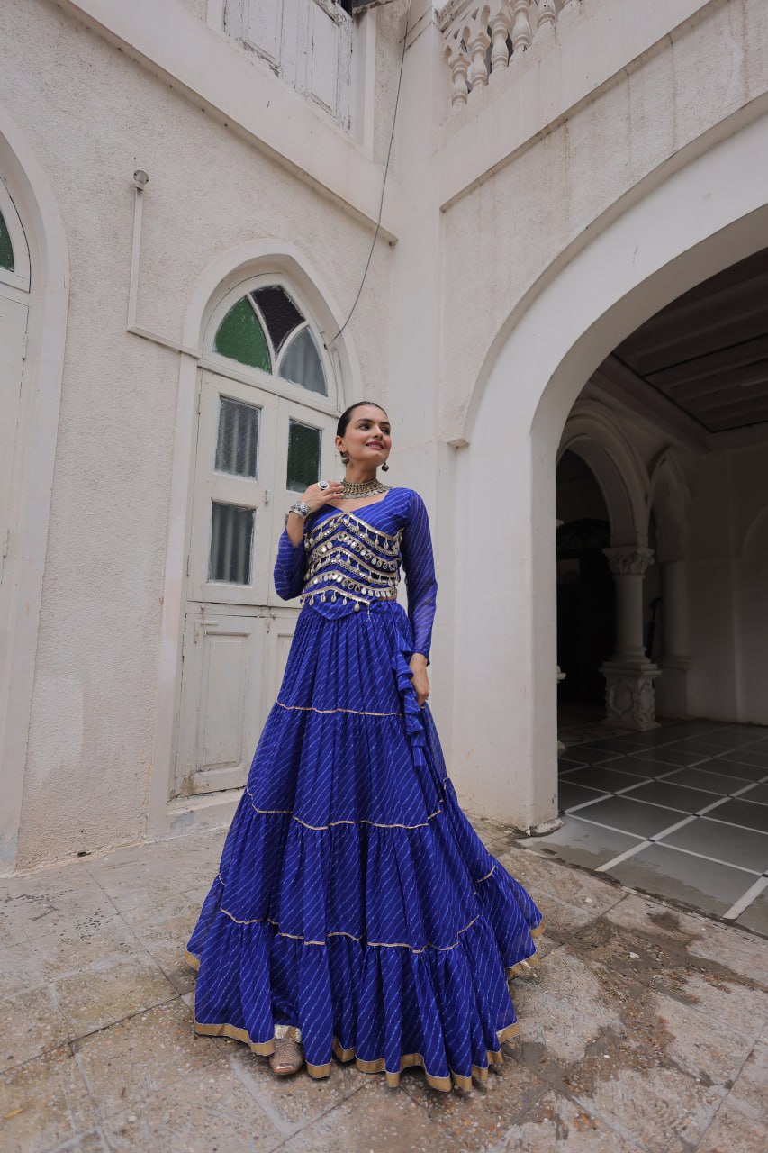 Blue Navratri Special Leheriya Print Lehenga Choli with 12 Mtr Flair & Mirror Lace Work