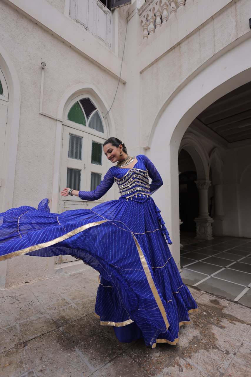 Blue Navratri Special Leheriya Print Lehenga Choli with 12 Mtr Flair & Mirror Lace Work
