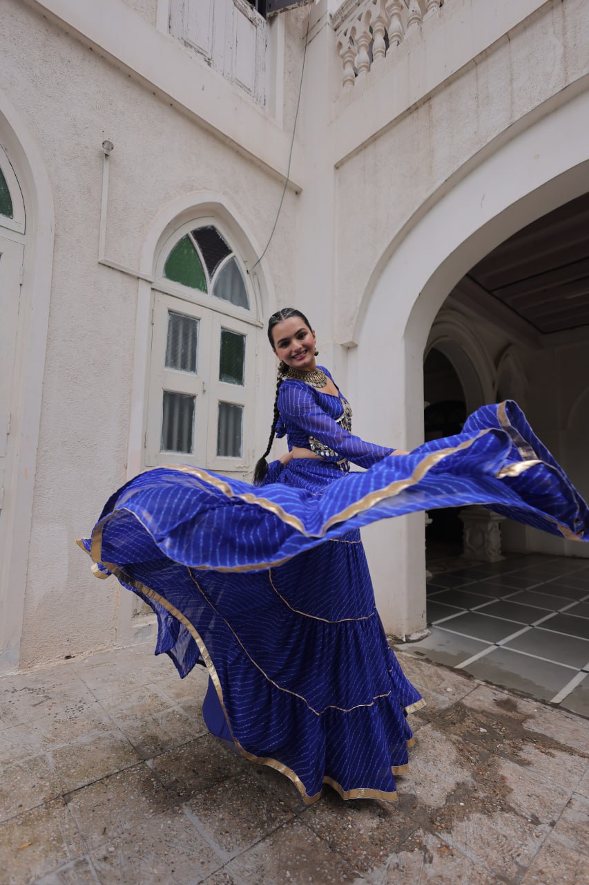 Blue Navratri Special Leheriya Print Lehenga Choli with 12 Mtr Flair & Mirror Lace Work