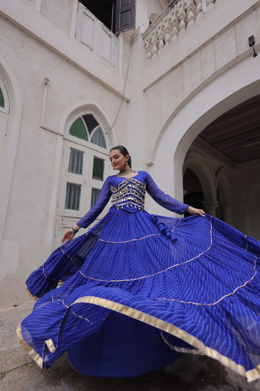 Blue Navratri Special Leheriya Print Lehenga Choli with 12 Mtr Flair & Mirror Lace Work