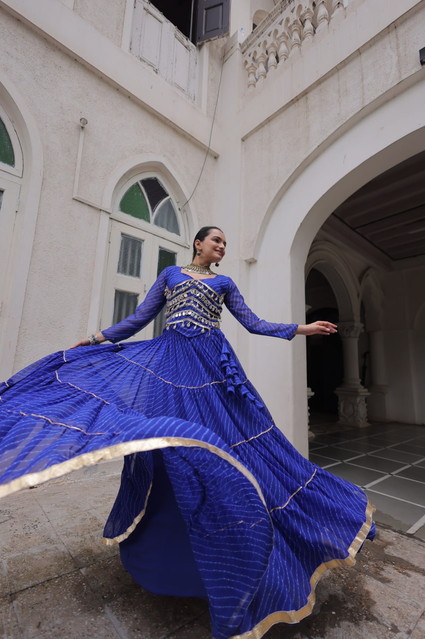 Blue Navratri Special Leheriya Print Lehenga Choli with 12 Mtr Flair & Mirror Lace Work