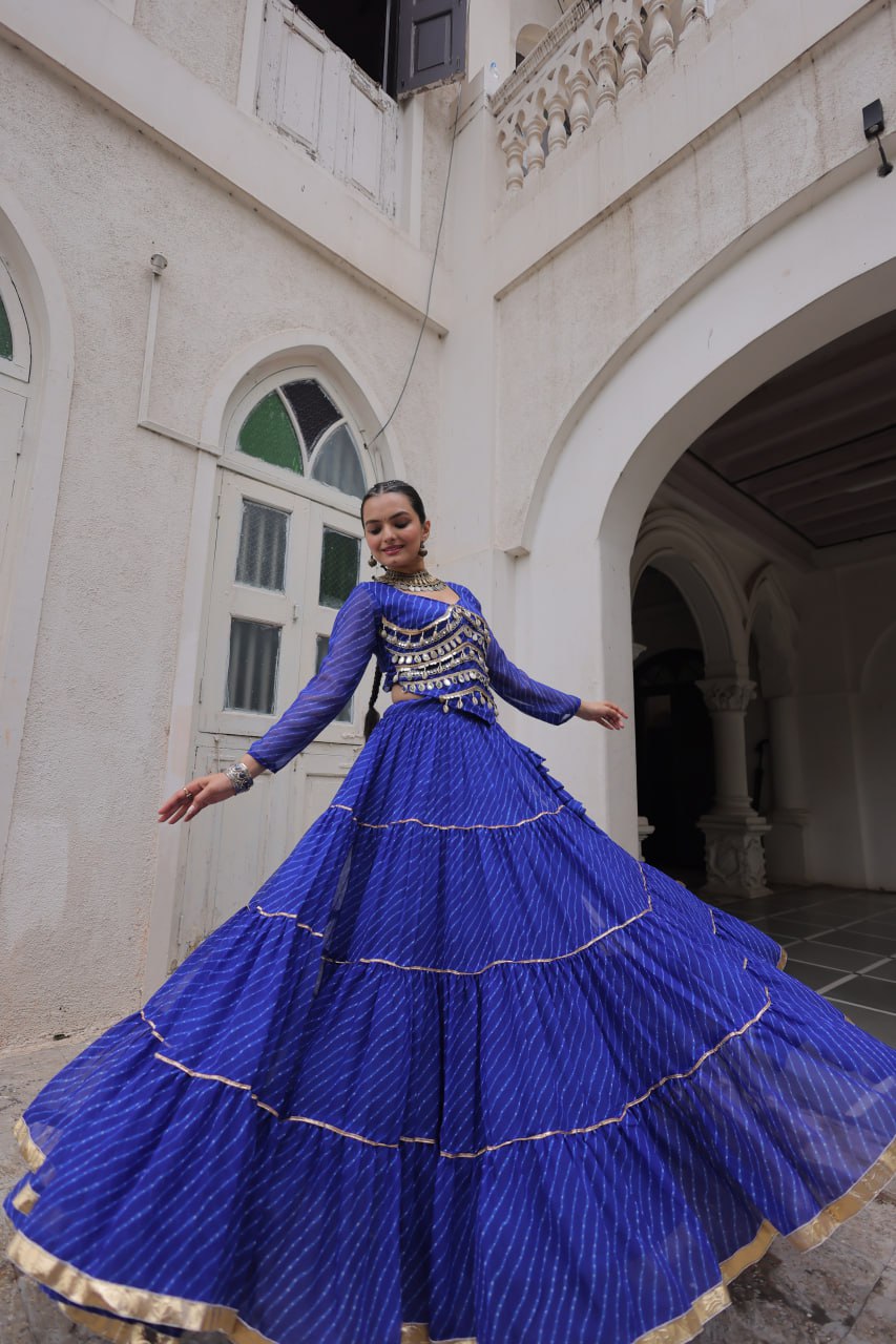 Blue Navratri Special Leheriya Print Lehenga Choli with 12 Mtr Flair & Mirror Lace Work
