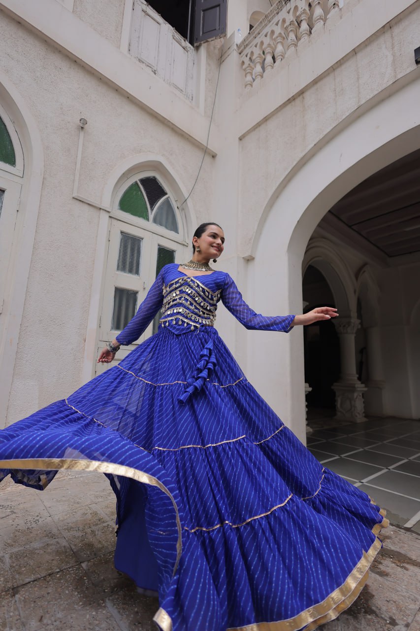 Blue Navratri Special Leheriya Print Lehenga Choli with 12 Mtr Flair & Mirror Lace Work