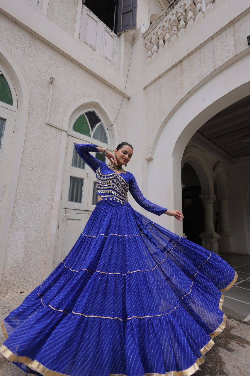 Blue Navratri Special Leheriya Print Lehenga Choli with 12 Mtr Flair & Mirror Lace Work