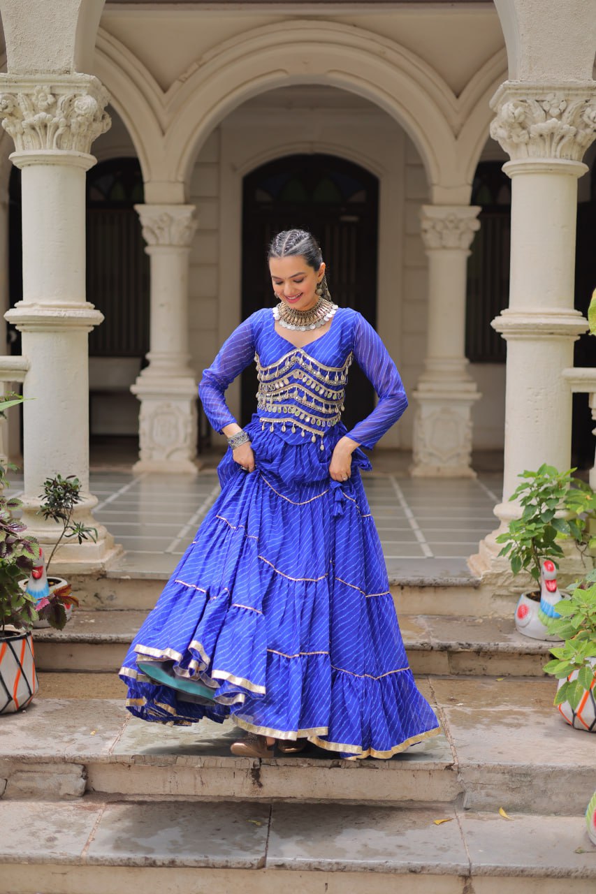 Blue Navratri Special Leheriya Print Lehenga Choli with 12 Mtr Flair & Mirror Lace Work