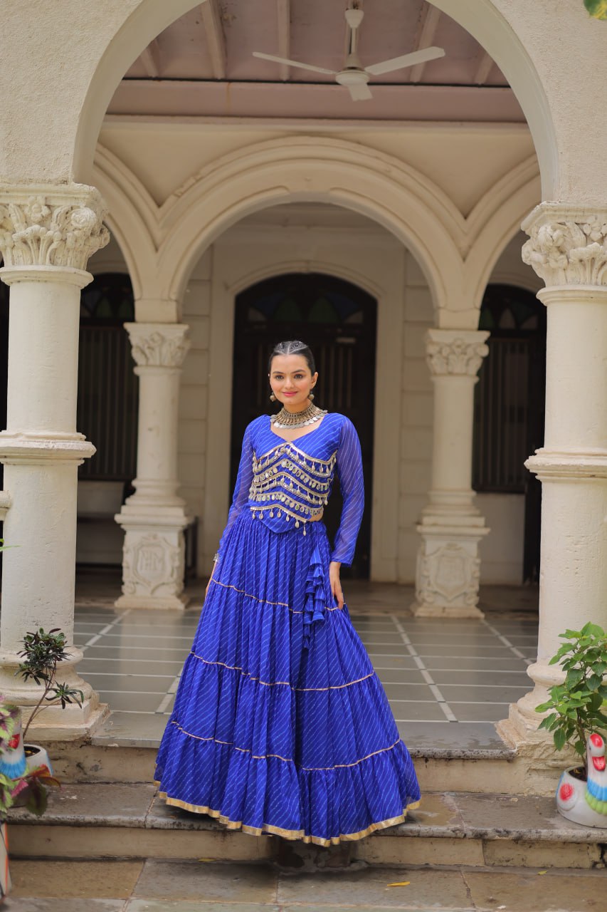 Blue Navratri Special Leheriya Print Lehenga Choli with 12 Mtr Flair & Mirror Lace Work