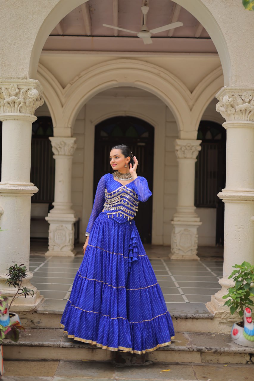 Blue Navratri Special Leheriya Print Lehenga Choli with 12 Mtr Flair & Mirror Lace Work