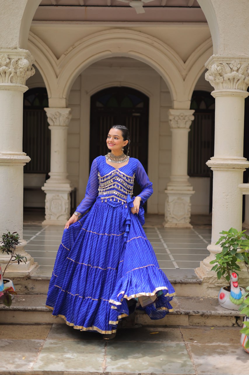 Blue Navratri Special Leheriya Print Lehenga Choli with 12 Mtr Flair & Mirror Lace Work