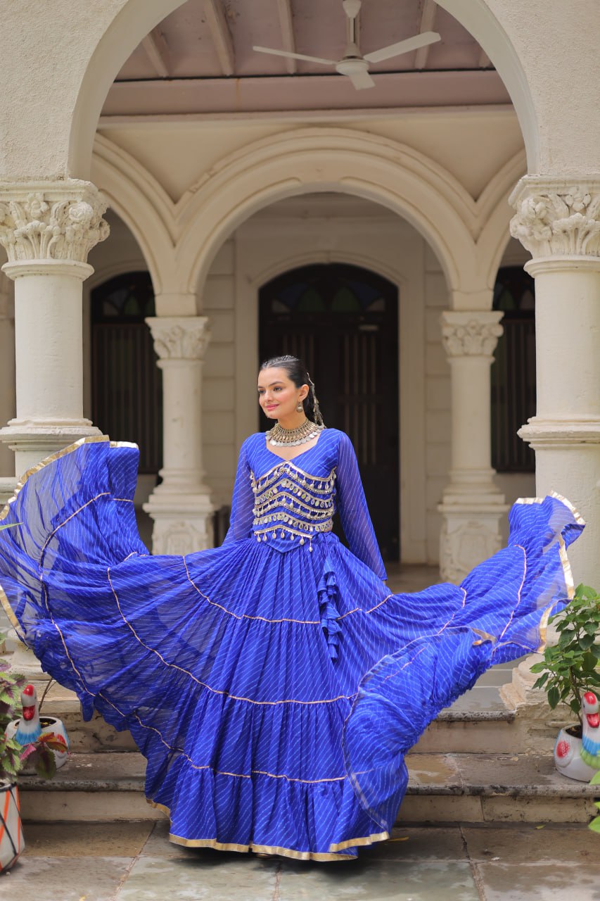 Blue Navratri Special Leheriya Print Lehenga Choli with 12 Mtr Flair & Mirror Lace Work