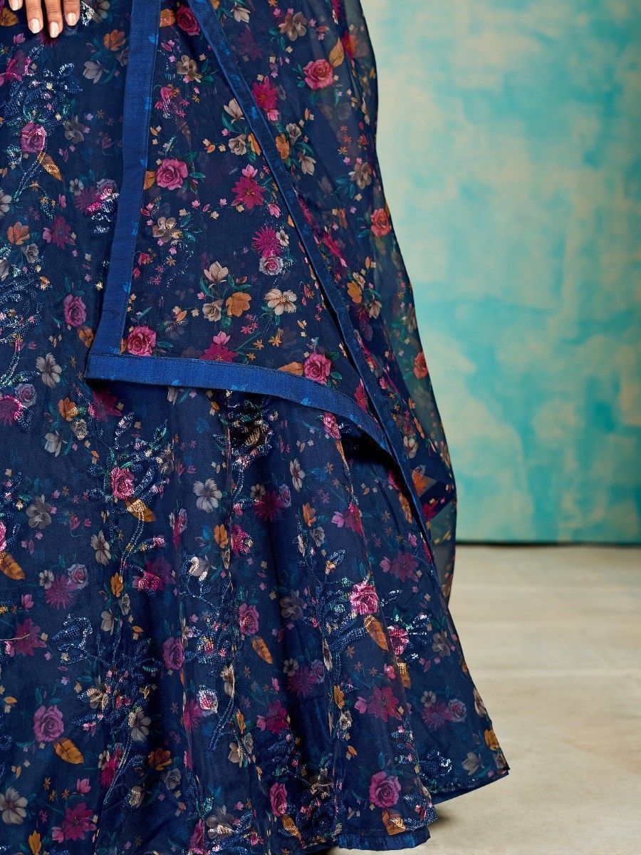 Blue Organza Floral Lehenga Choli for Womens For Indian Festival & Weddings - Print Work, Mirror Work, Thread Embroidery Work