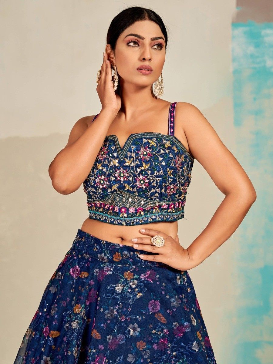 Blue Organza Floral Lehenga Choli for Womens For Indian Festival & Weddings - Print Work, Mirror Work, Thread Embroidery Work