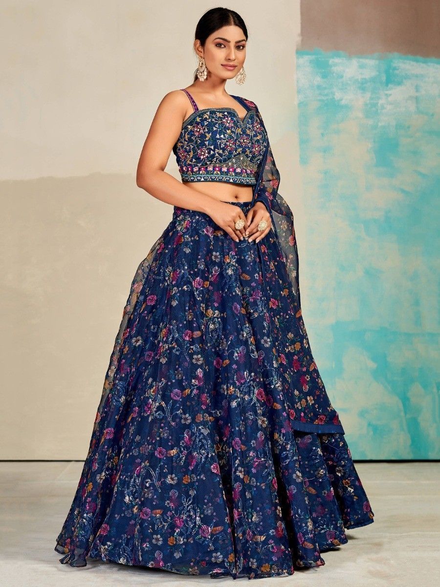 Blue Organza Floral Lehenga Choli for Womens For Indian Festival & Weddings - Print Work, Mirror Work, Thread Embroidery Work