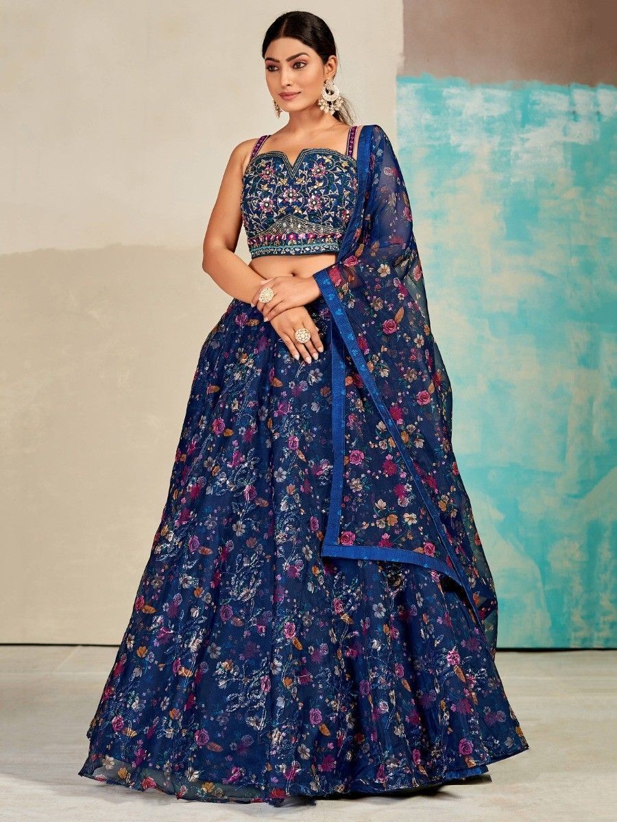 Blue Organza Floral Lehenga Choli for Womens For Indian Festival & Weddings - Print Work, Mirror Work, Thread Embroidery Work