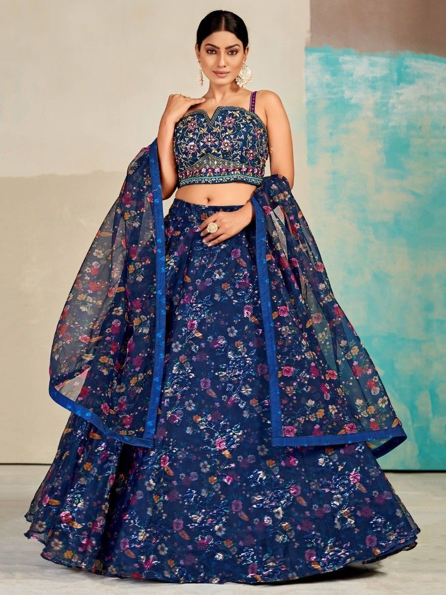 Blue Organza Floral Lehenga Choli for Womens For Indian Festival & Weddings - Print Work, Mirror Work, Thread Embroidery Work