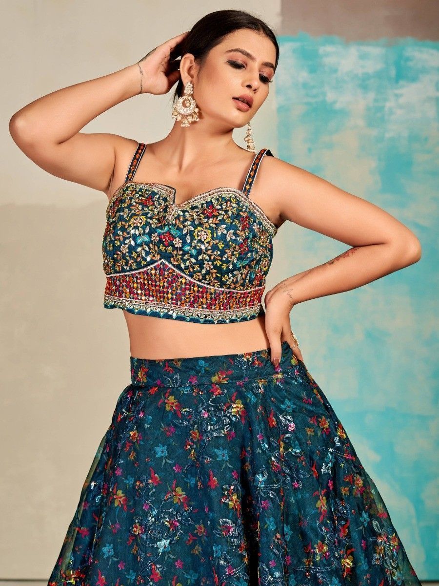Blue Organza Floral Lehenga Choli for Womens For Indian Festival & Weddings - Print Work, Mirror Work, Thread Embroidery Work