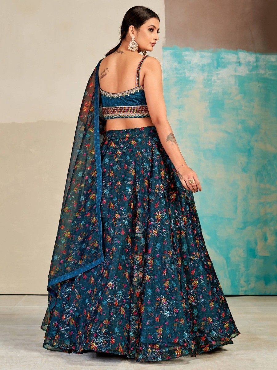 Blue Organza Floral Lehenga Choli for Womens For Indian Festival & Weddings - Print Work, Mirror Work, Thread Embroidery Work