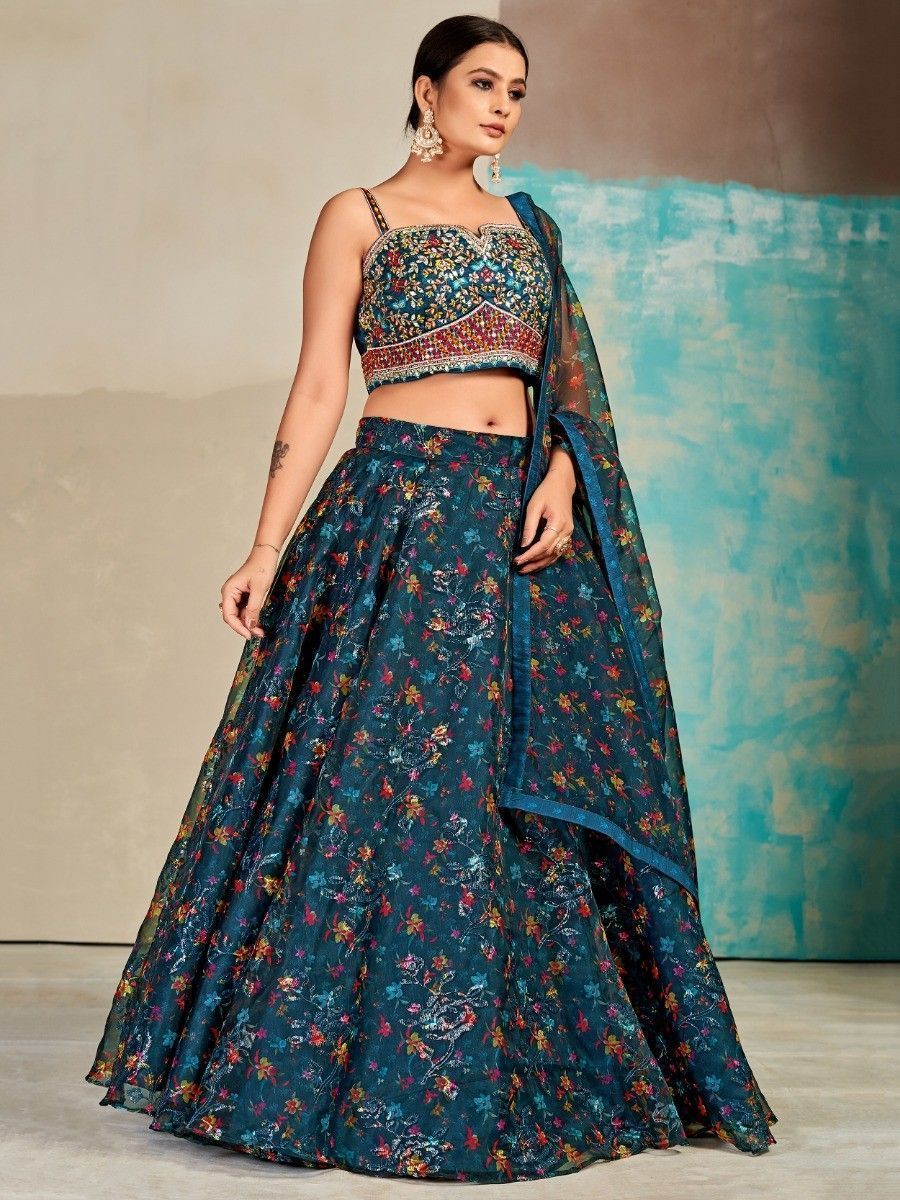 Blue Organza Floral Lehenga Choli for Womens For Indian Festival & Weddings - Print Work, Mirror Work, Thread Embroidery Work