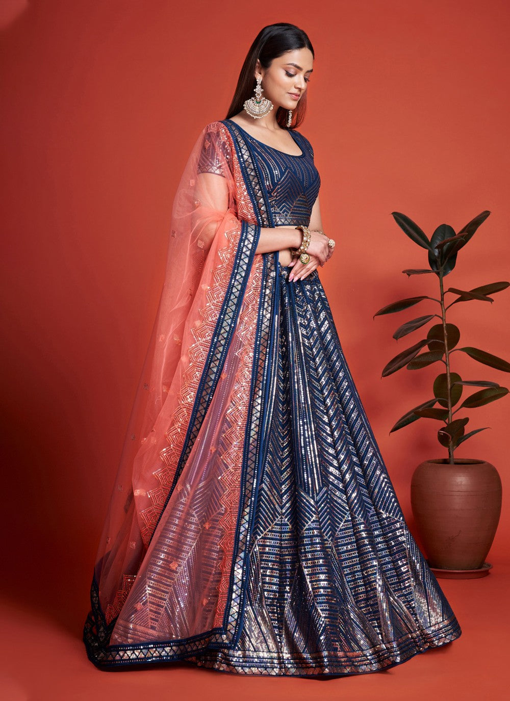 Blue Pakistani Georgette Lehenga Choli For Indian Festivals & Weddings - Sequence Embroidery Work, Thread Embroidery Work,