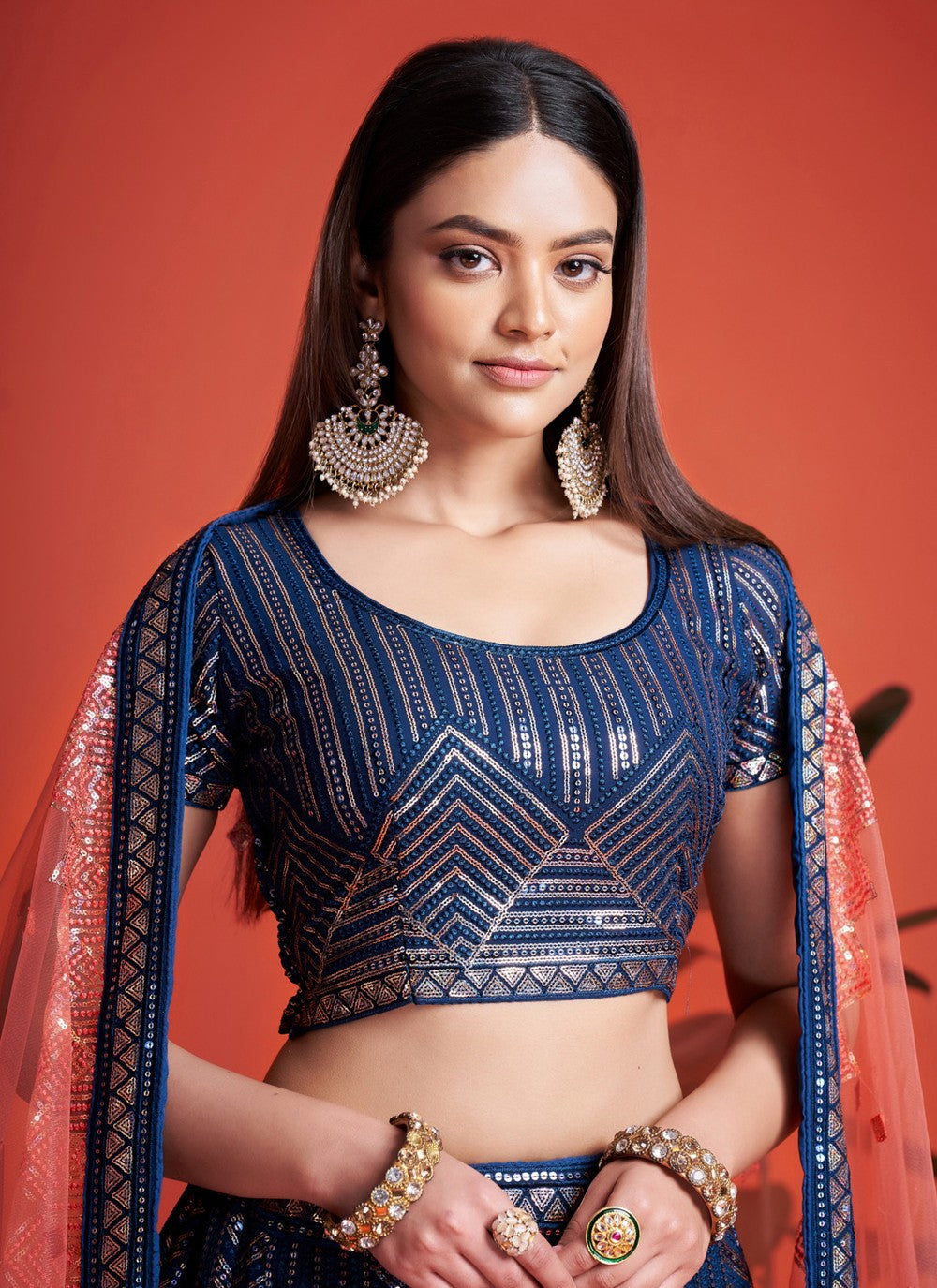 Blue Pakistani Georgette Lehenga Choli For Indian Festivals & Weddings - Sequence Embroidery Work, Thread Embroidery Work,