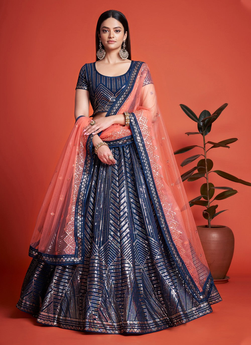 Blue Pakistani Georgette Lehenga Choli For Indian Festivals & Weddings - Sequence Embroidery Work, Thread Embroidery Work,