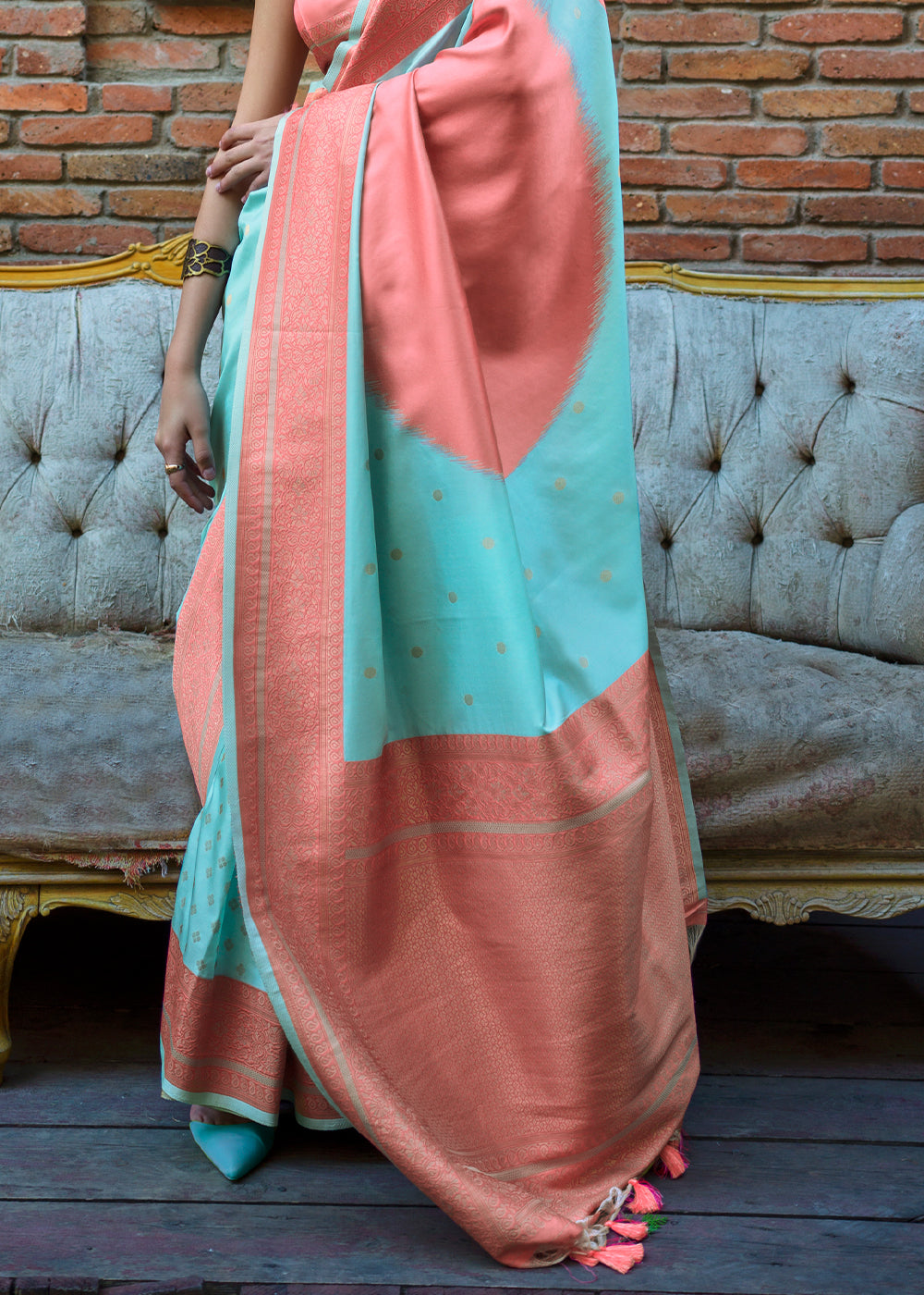Blue & Peach Regal Banarasi Soft Silk Saree with Intricate Timeless Design & Blouse Piece