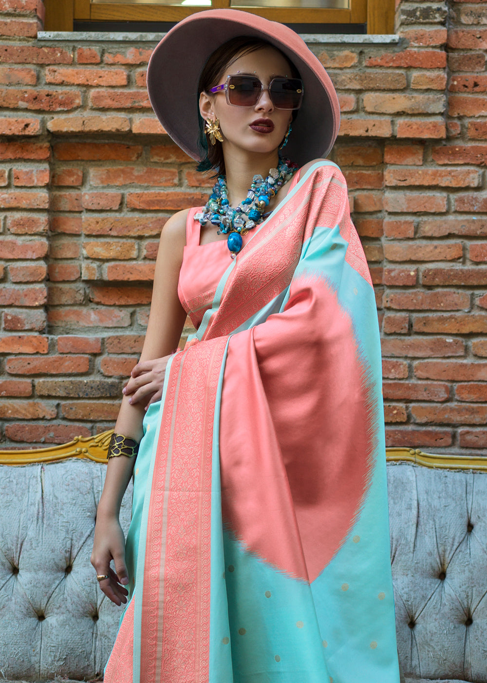 Blue & Peach Regal Banarasi Soft Silk Saree with Intricate Timeless Design & Blouse Piece