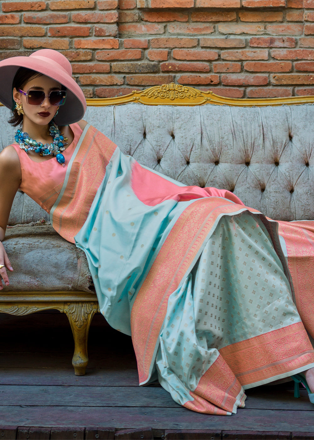 Blue & Peach Regal Banarasi Soft Silk Saree with Intricate Timeless Design & Blouse Piece