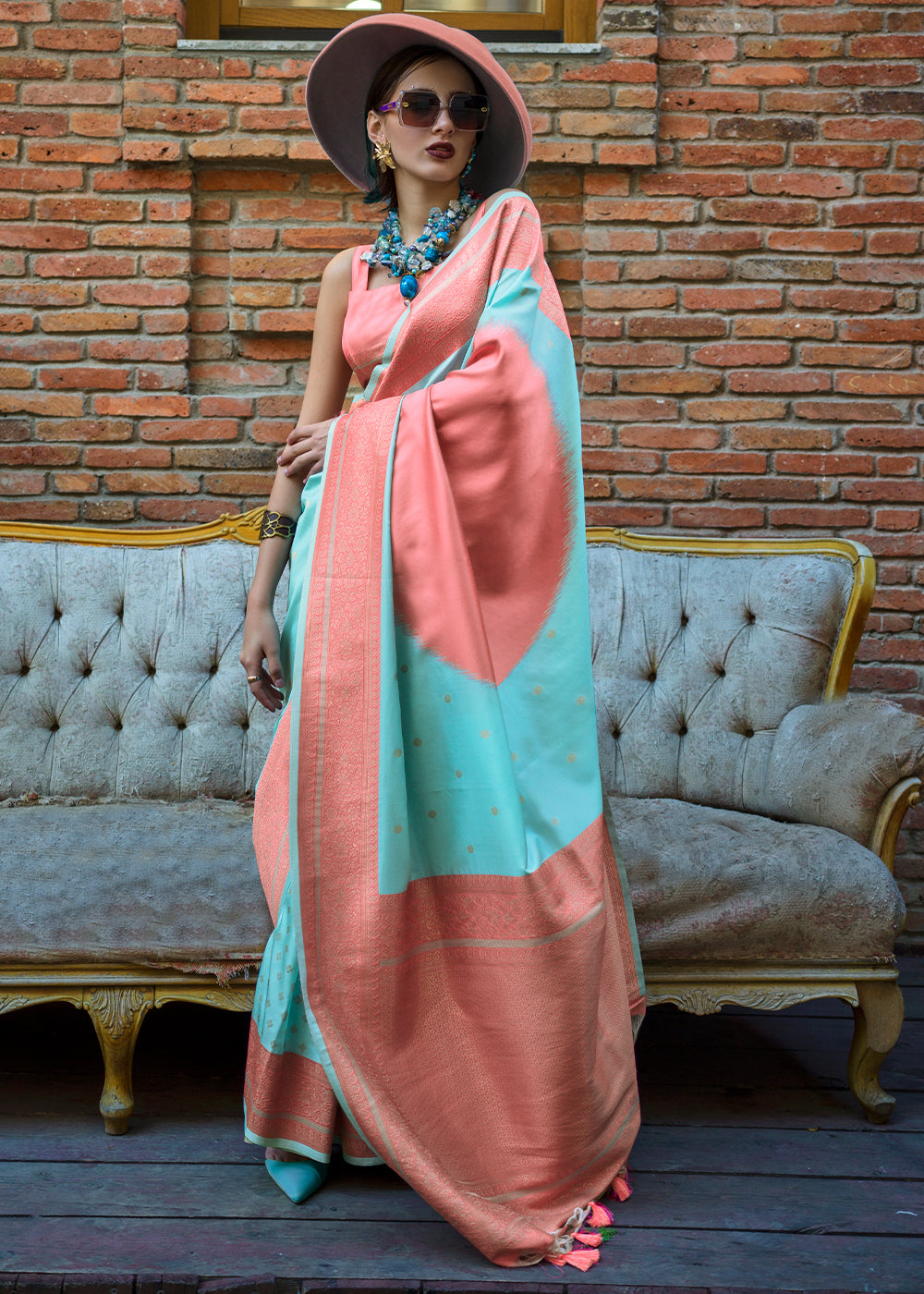 Blue & Peach Regal Banarasi Soft Silk Saree with Intricate Timeless Design & Blouse Piece