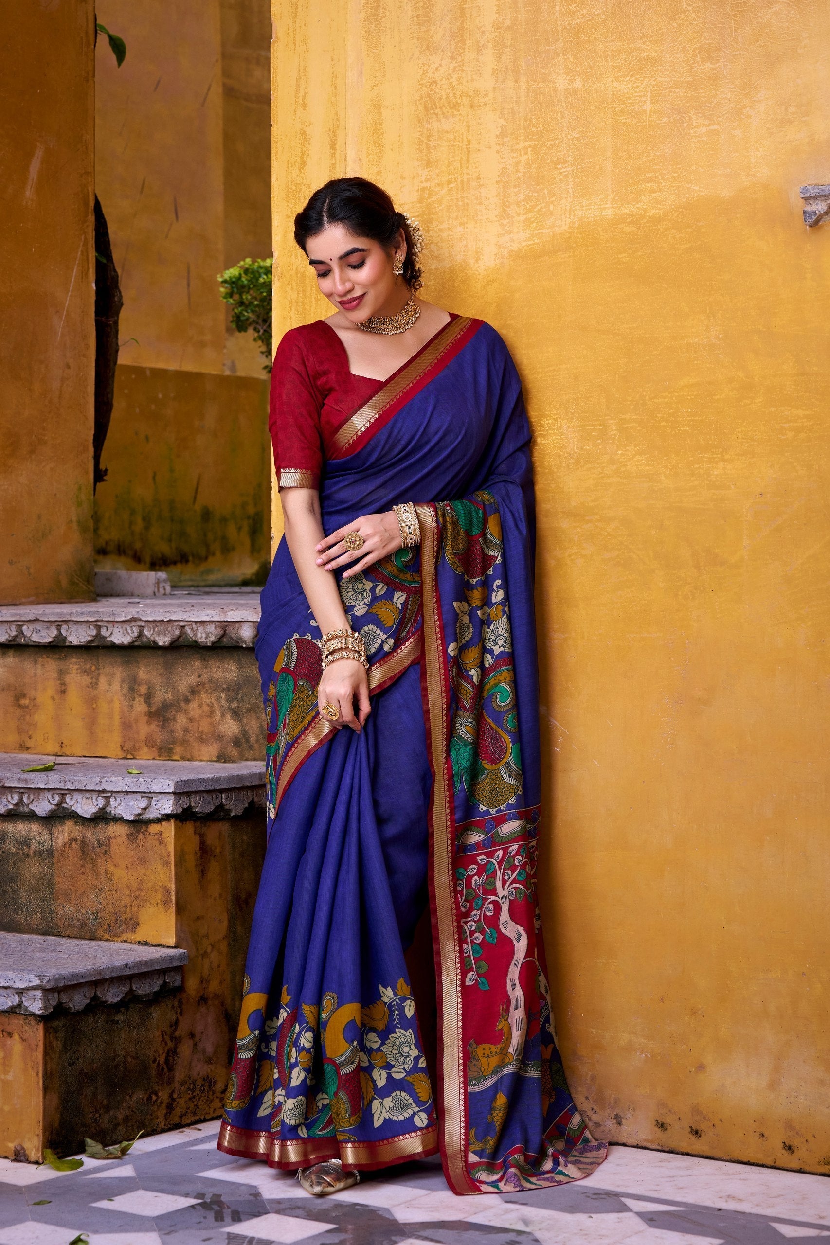 Blue Polyester Viscose Chanderi Saree with Kalamkari Print & Zari Weaving