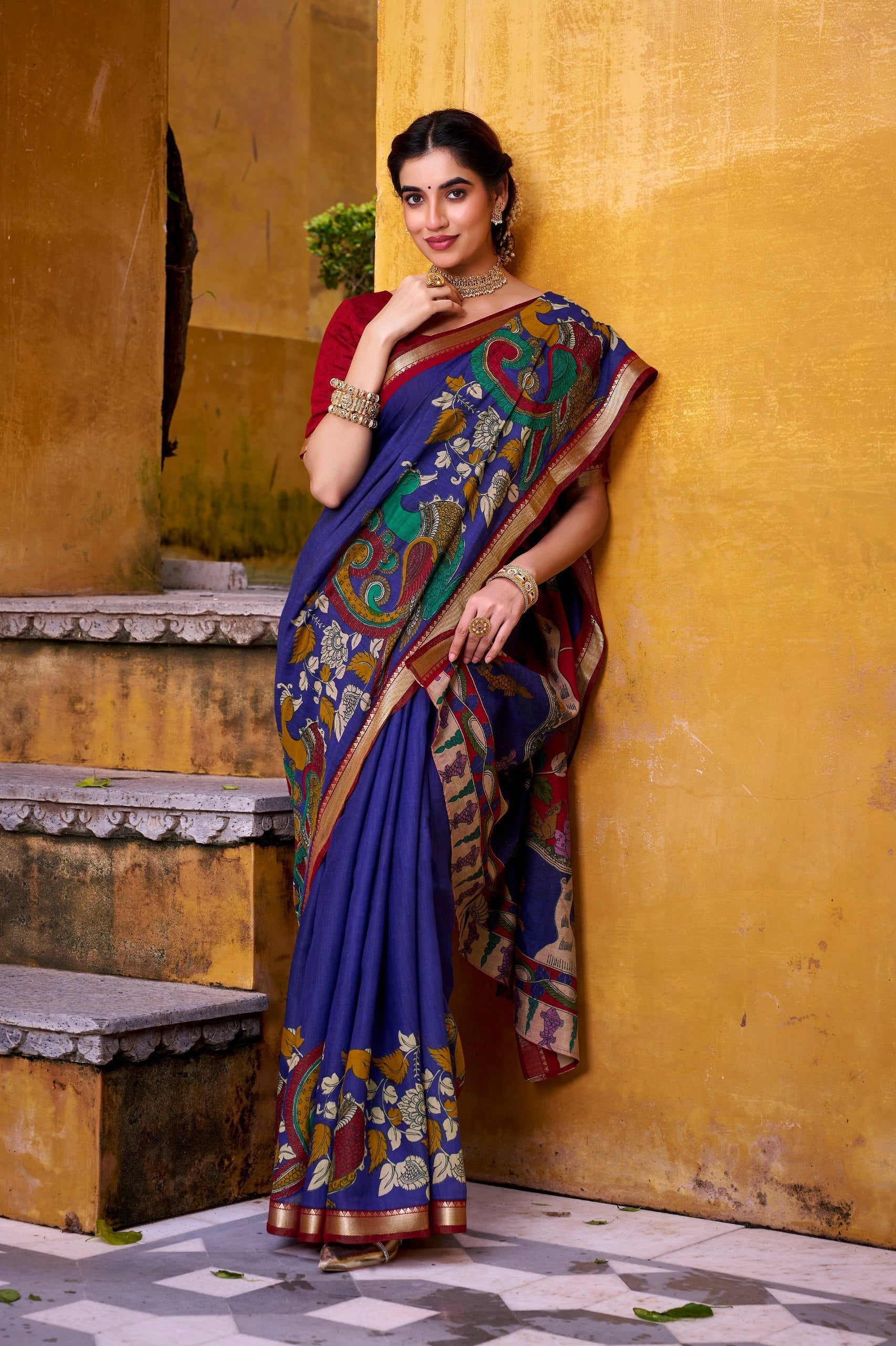 Blue Polyester Viscose Chanderi Saree with Kalamkari Print & Zari Weaving