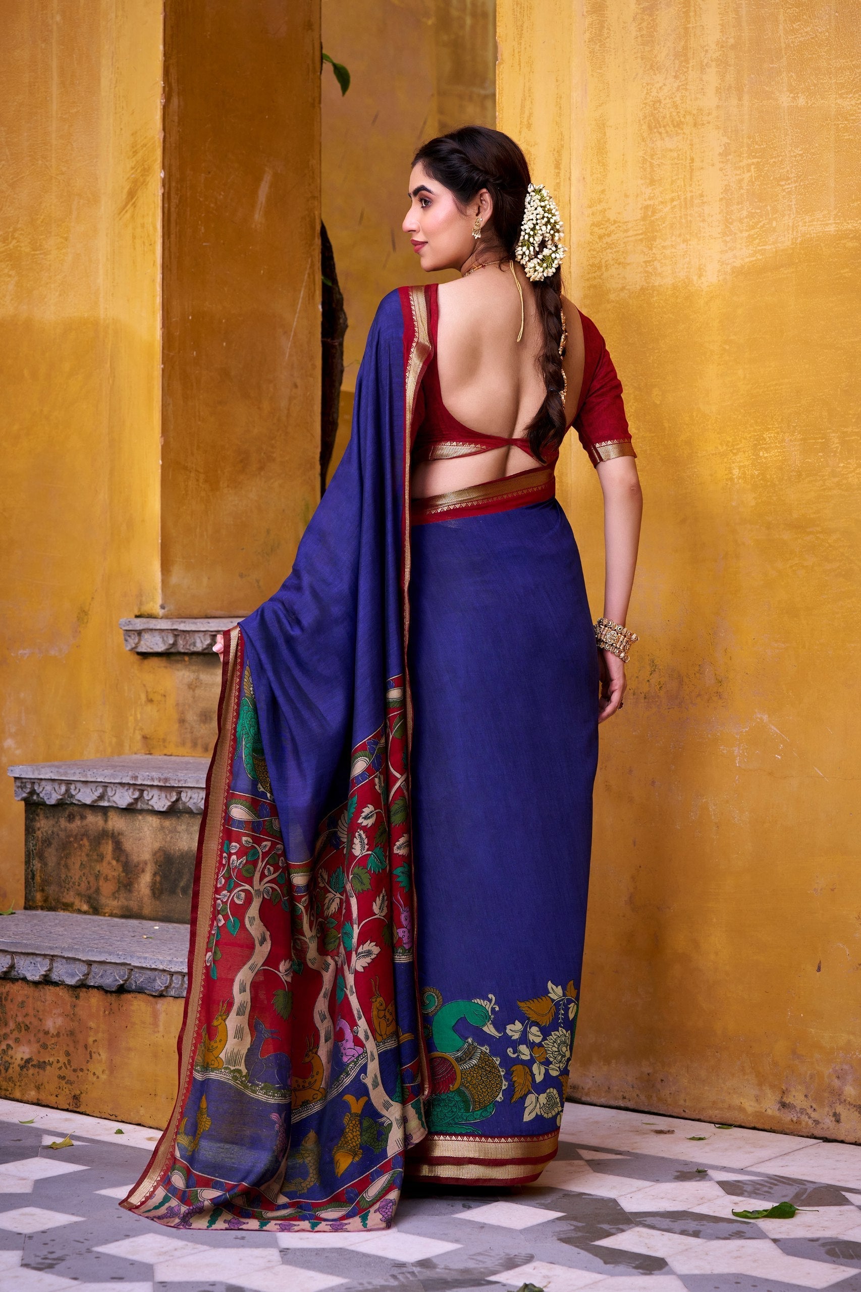 Blue Polyester Viscose Chanderi Saree with Kalamkari Print & Zari Weaving