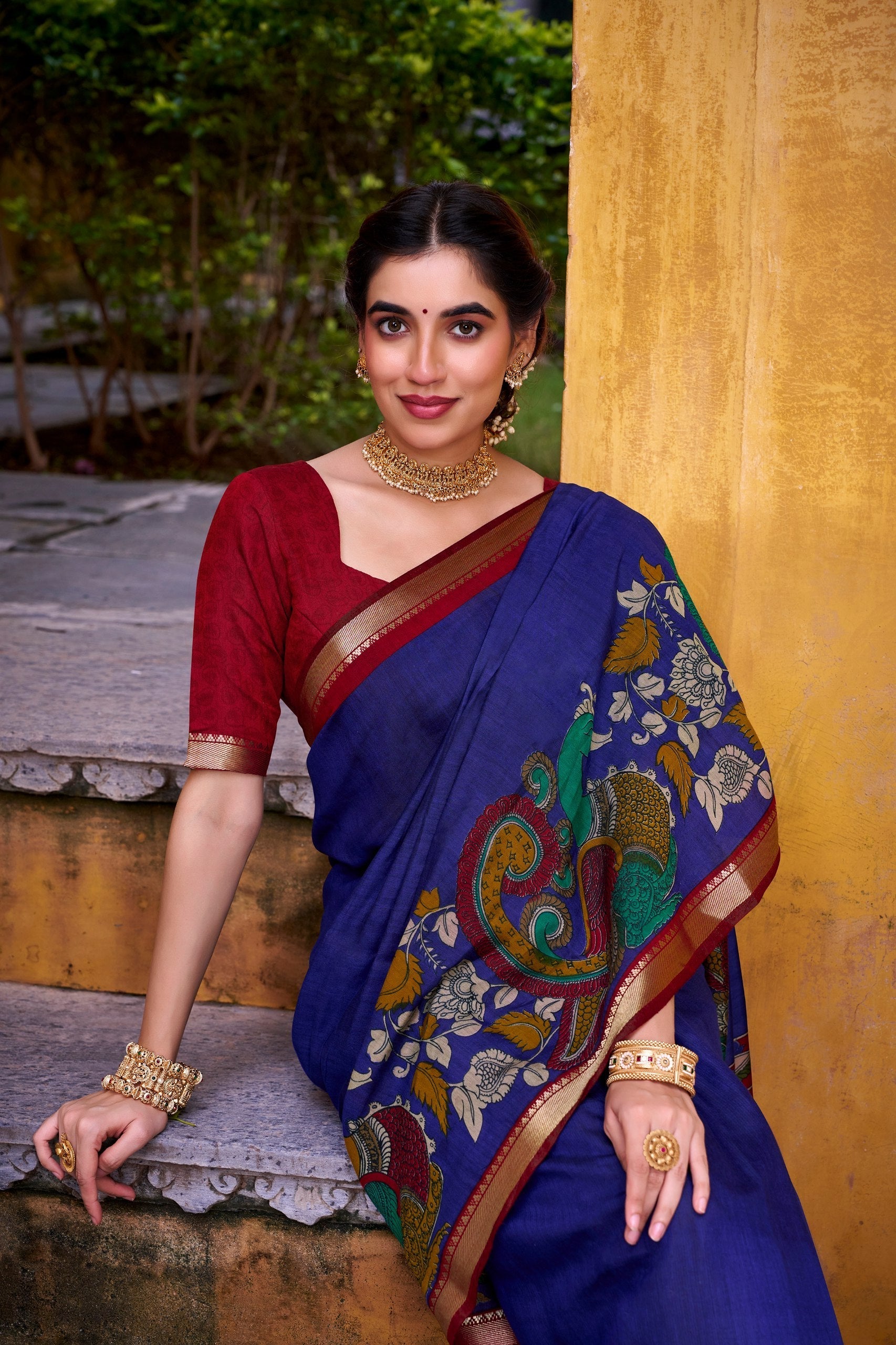 Blue Polyester Viscose Chanderi Saree with Kalamkari Print & Zari Weaving