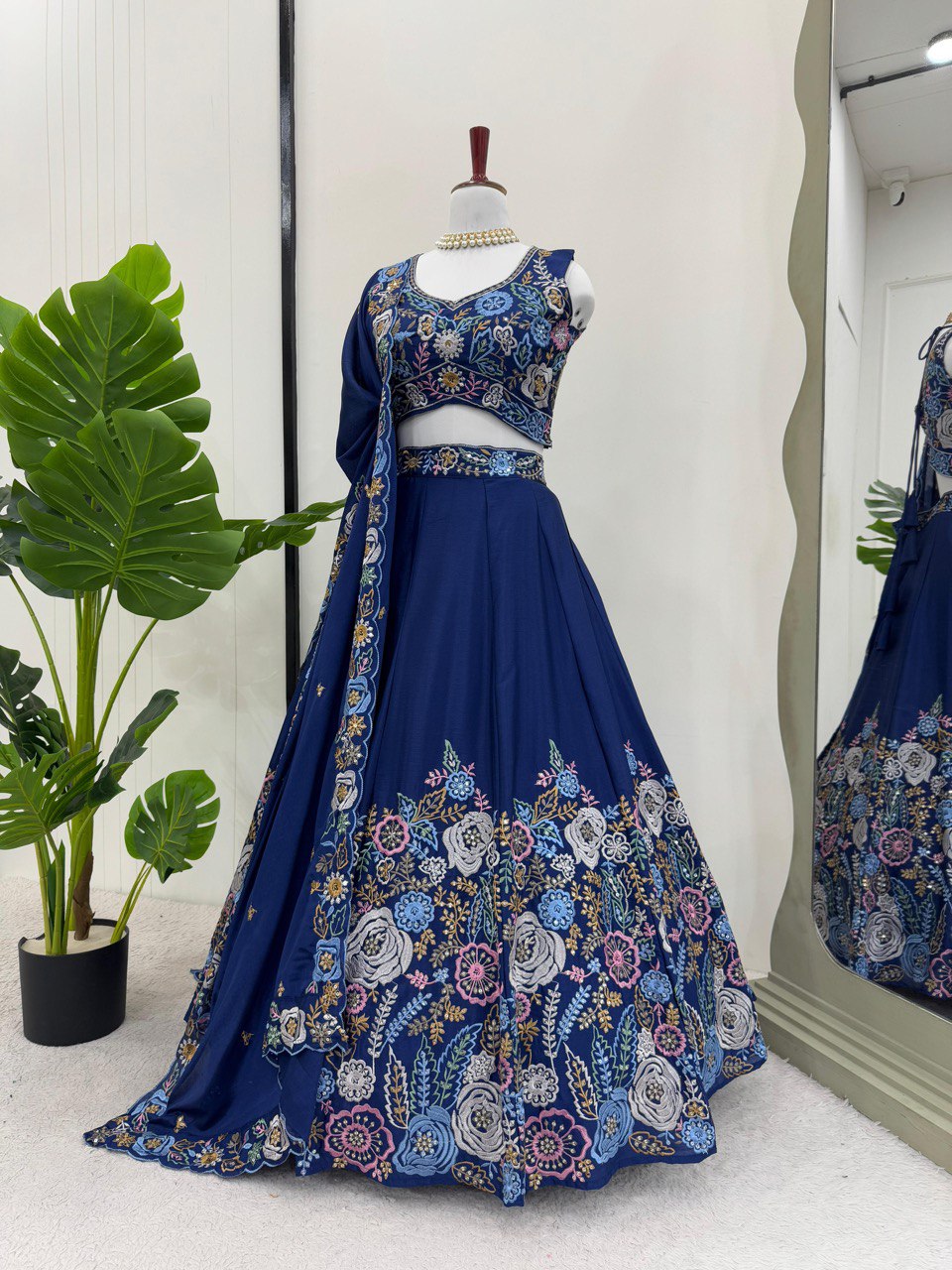 Blue Premium Chinon Silk Lehenga Set with Sequin Work