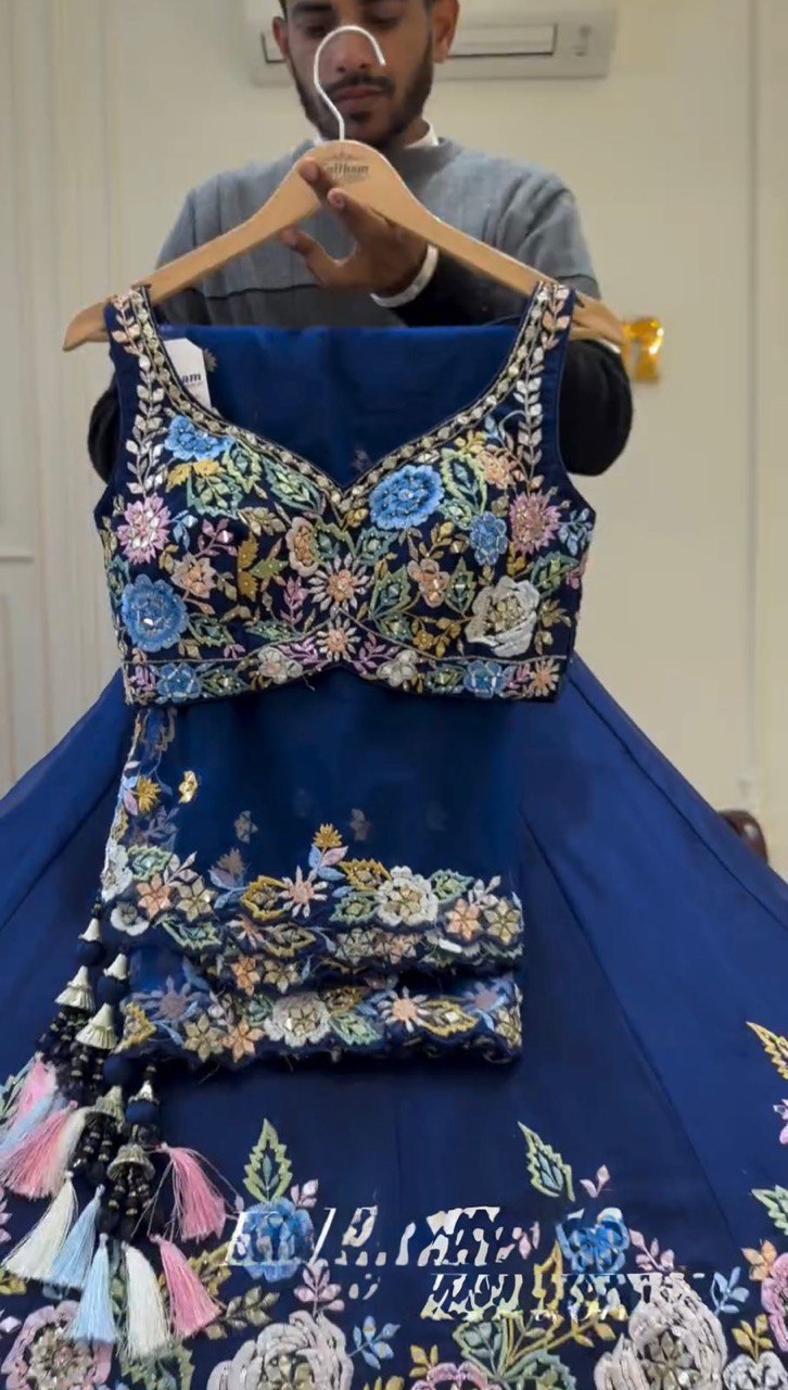 Blue Premium Chinon Silk Lehenga Set with Sequin Work