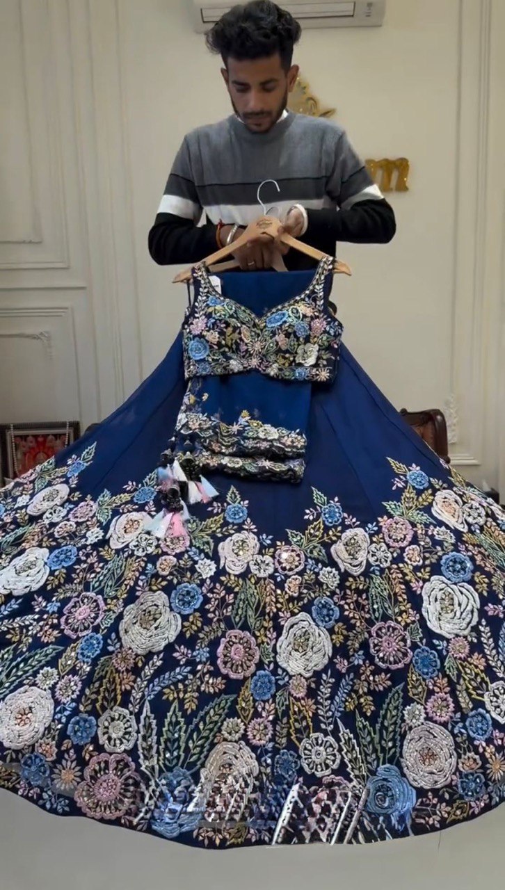 Blue Premium Chinon Silk Lehenga Set with Sequin Work