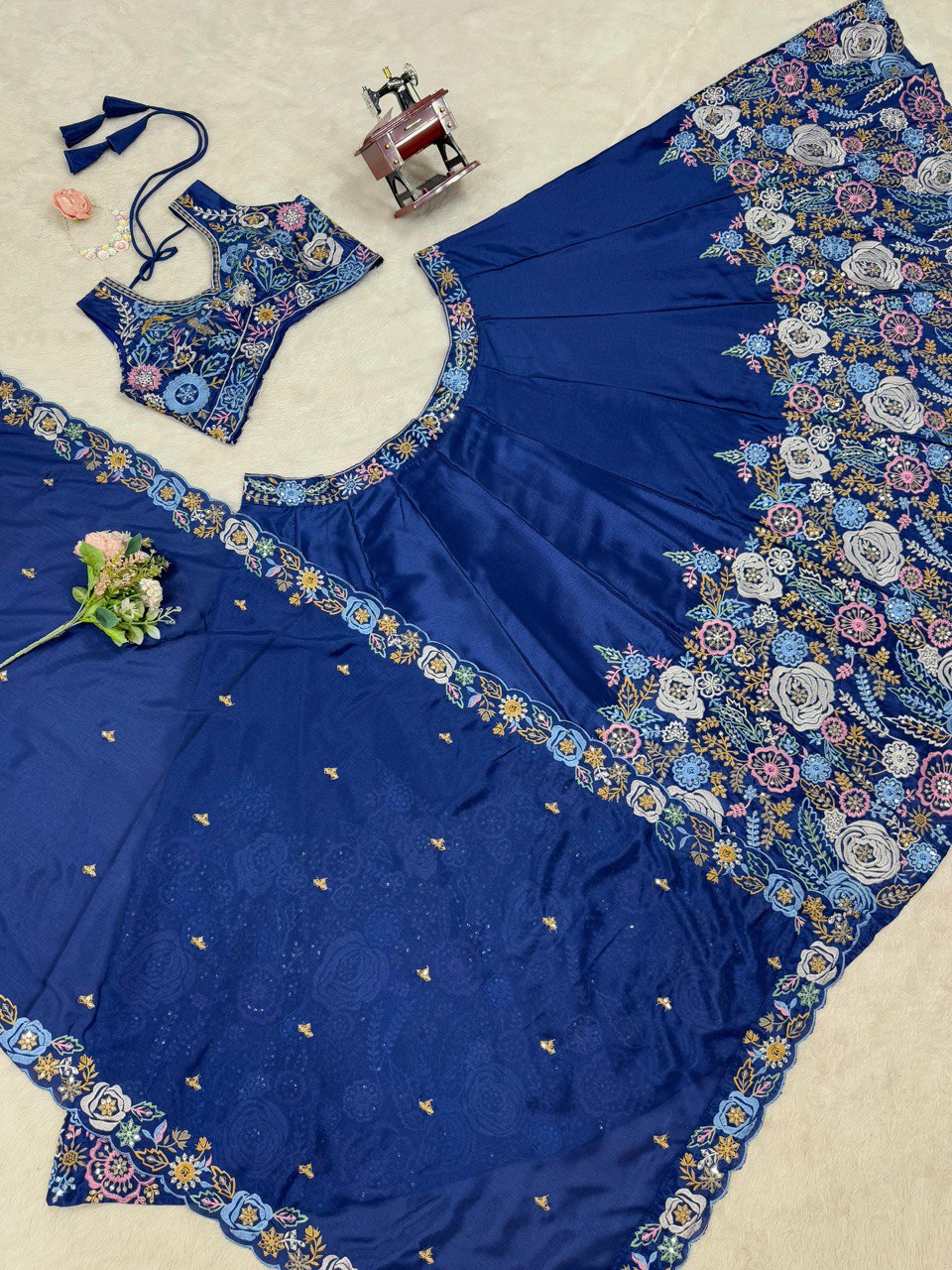 Blue Premium Chinon Silk Lehenga Set with Sequin Work