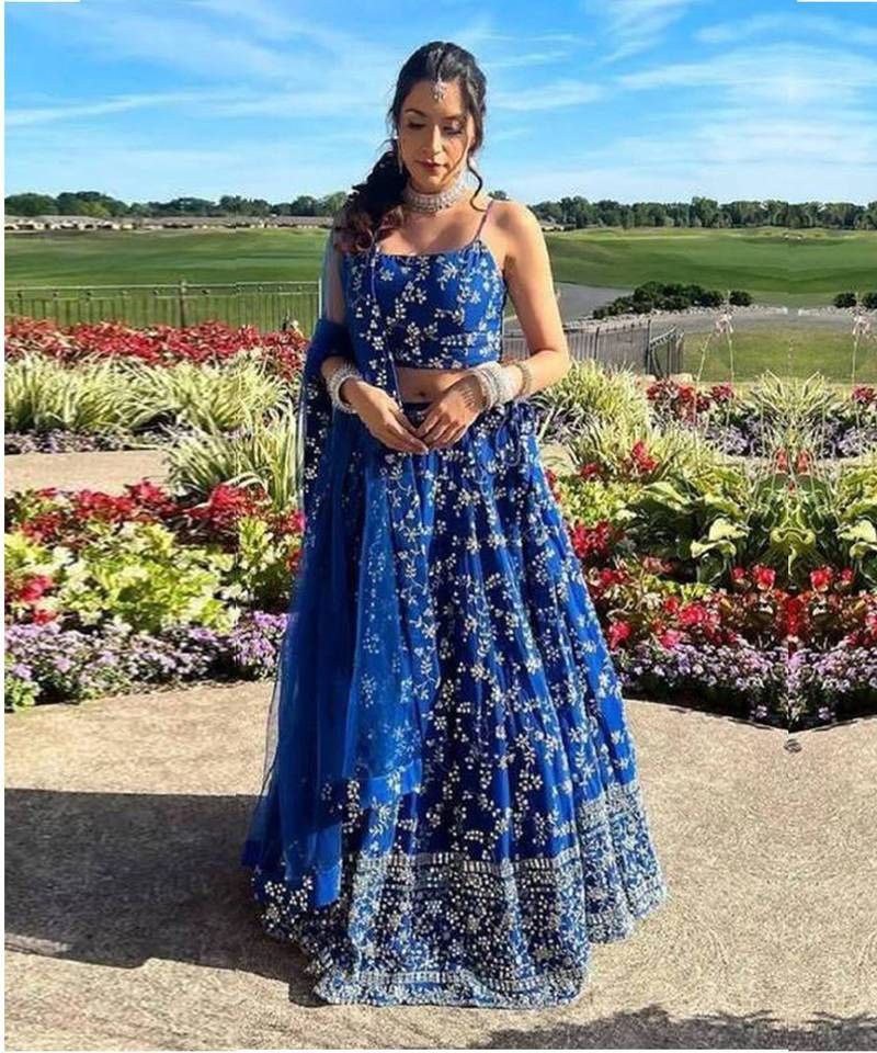 Blue Premium Georgette Zari & Sequin Embroidered Semi-Stitched Lehenga Choli with Soft Net Lace Border