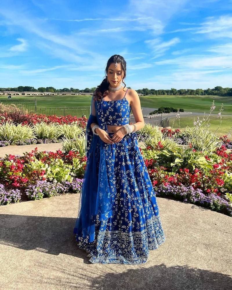 Blue Premium Georgette Zari & Sequin Embroidered Semi-Stitched Lehenga Choli with Soft Net Lace Border