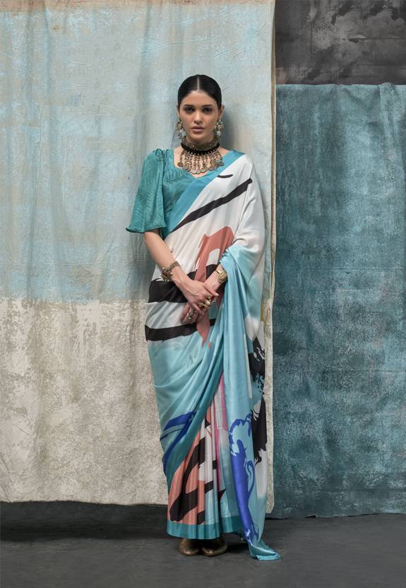Blue Printed Chanderi Crepe Saree with Unstitched Blouse