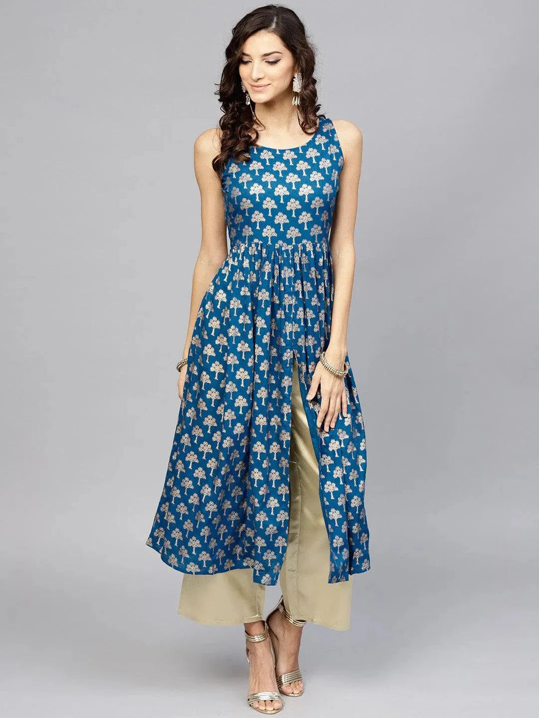 Anouk Blue Printed Cotton A-Line Kurta With Palazzos